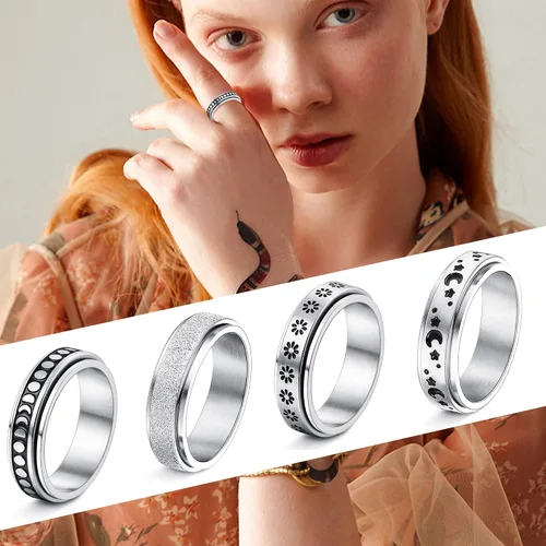 Miniatura 4 de Jstyle Juego de 4 anillos de acero inoxidable para mujeres y hombres, anillos giratorios de flores, luna, estrella, anillos frescos para aliviar