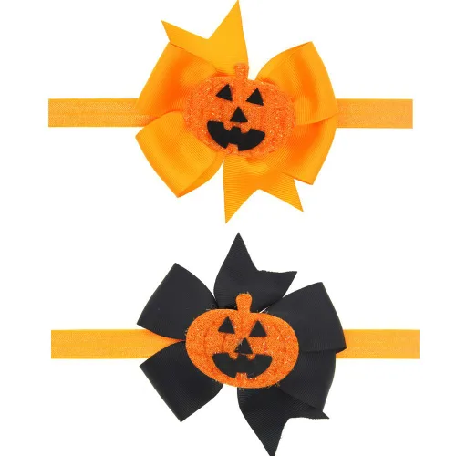 Miniatura 6 de Pinzas para el pelo con lazo para la cabeza de calabaza con alas de murciélago de Halloween (A- Negro naranja)