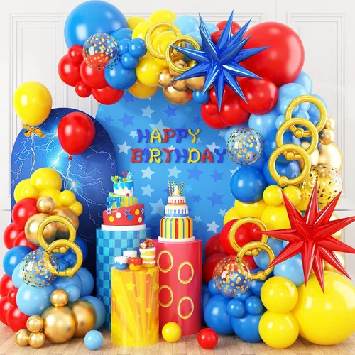 Kit de arco de globos de dibujos animados, 184 globos largos de confeti de color rojo, amarillo, azul, dorado con globo de aluminio de estrella en