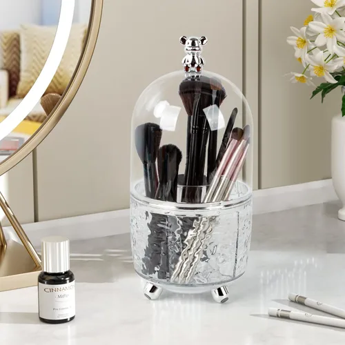 Miniatura 6 de CECOLIC Organizador de brochas de maquillaje giratorio de 360° con tapa, organizador de herramientas cosméticas a prueba de polvo con cubierta