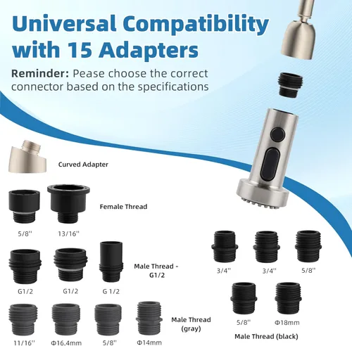 Miniatura 4 de Hibbent Cabezal de Grifo de Cocina Desplegable de Reemplazo, Boquilla de Rociador de Fregadero de 3 Funciones con 15 Adaptadores, Compatible