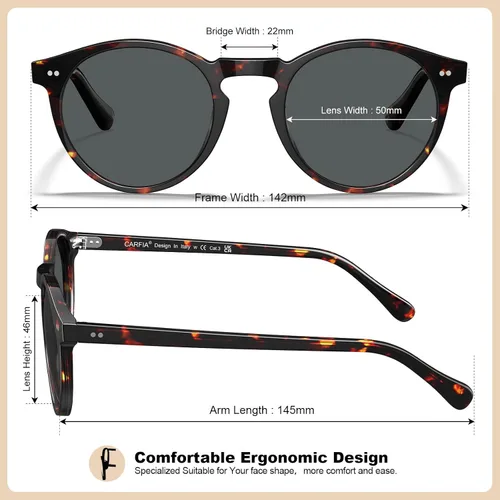 Miniatura 26 de CARFIA Gafas de sol redondas de acetato para hombre, polarizadas, protección UV, gafas de sol clásicas retro CA5289L