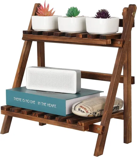 Jotsport Soporte de mesa de 2 niveles para plantas, estilo escalón, organizador de almacenamiento de escritorio, estante de exhibición de madera,