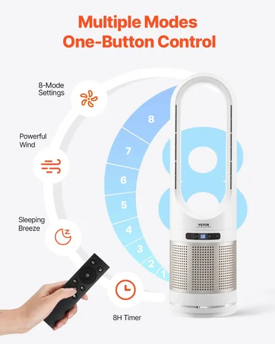 Miniatura 6 de VEVOR Bladeless Tower Fan, High-Velocity Floor Fan, 80° Oscillating with 8 Speeds, Timer, Remote Control for Bedroom, Office, Home