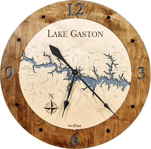 Miniatura 6 de Sea & Soul Lake Gaston Reloj náutico con mapa de madera 3D, reloj de profundidad de agua tallada en arte del lago, reloj de pared único, decoración