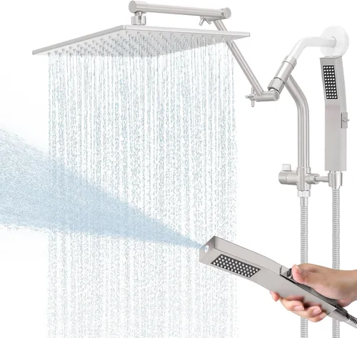 Miniatura 11 de Regadera de lluvia de metal de 12 pulgadas con modo de lavado eléctrico integrado de mano, cabezales de ducha cuadrados de cascada de alta presión
