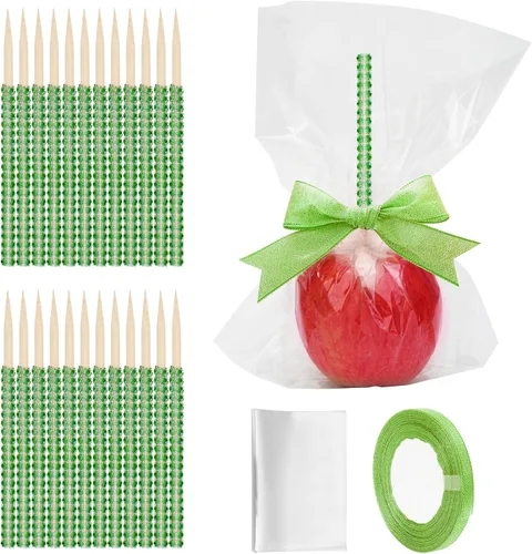 Miniatura 14 de Juego de 24 palitos de manzana de caramelo, 24P Bling Stick para brochetas de madera con diamantes de imitación de manzana con bolsas de 24 P/cinta