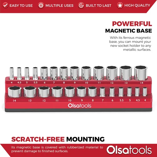 Miniatura 4 de Olsa Tools - Organizador magnético de llaves de vaso Con accionamiento de 1/4 pulgada Métrico Rojo Con capacidad para 26 llaves de vaso