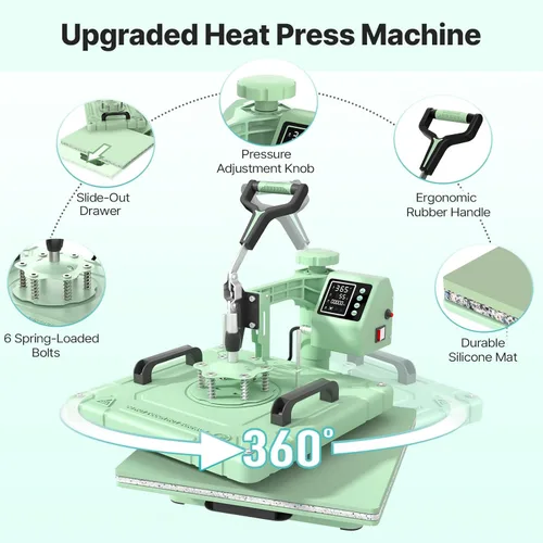 Miniatura 5 de Slendor - Prensa de calor de 15 x 15 pulgadas, 5 en 1, máquina de prensa de calor con giro de 360 grados, digital, para camisetas, prensa