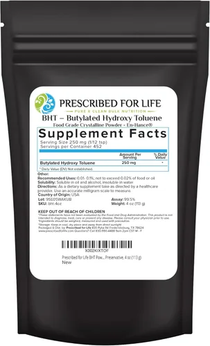 Prescribed For Life BHT - Polvo de hidroxitolueno butilado en polvo para conservación de alimentos, vegano, sin gluten, sin OMG, sin blanquear, sin