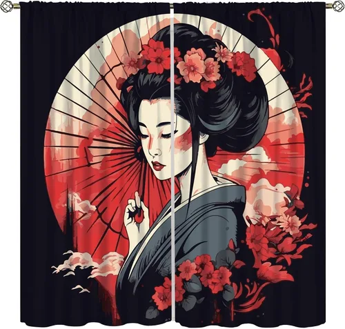 Miniatura 16 de Cortinas de geisha japonesas, flores rosas, ramas de árbol, sexy, glamour, para mujer, encantador, estética, oriental, con bolsillo para barra