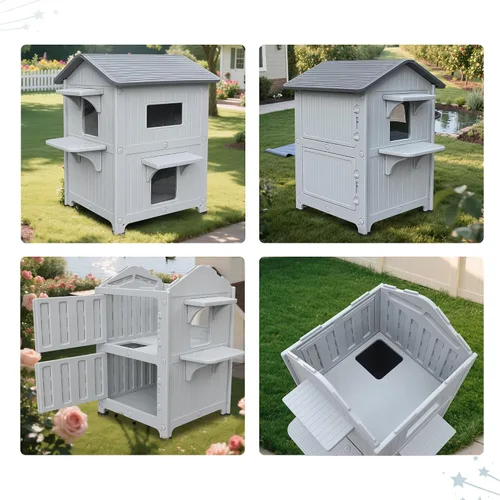 Miniatura 8 de Casa para gatos al aire libre, casas de 2 pisos al aire libre para gatos salvajes, refugio exterior de plástico, resistente a la intemperie