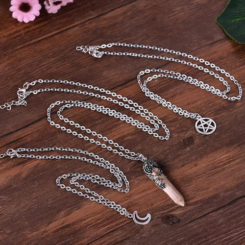 Miniatura 5 de MJartoria Collar de pentagrama de luna, collar de chakra de cristal, colgante, con dije, cadena de aleación multicapa, conjunto de gargantilla