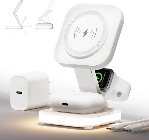 Soporte de carga inalámbrica magnética 5 en 1 para cargador MagSafe de Apple con luz nocturna para iPhone 17/16/15/14/13/12, Watch, AirPods,