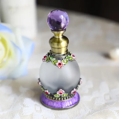 Miniatura 5 de YU FENG Botella de perfume de cristal antiguo de 15 ml, botella pequeña con flor embellecida, redonda, recargable, elegante, retro, botella de Morado
