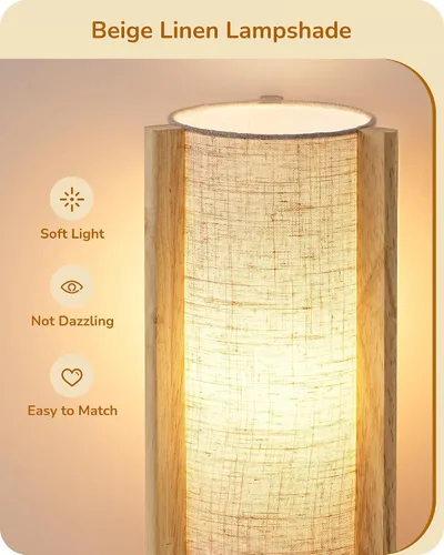 Miniatura 3 de EDISHINE Lámpara de mesa pequeña de madera, lámpara de noche moderna de 13.5 pulgadas, pantalla de lino beige, lámpara cilíndrica de madera natural