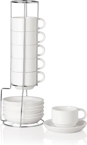 Miniatura 28 de Sweejar - Tazas de café de porcelana con platillos, tazas de capuchino apilables de 4 onzas con soporte de metal para bebidas de café, café