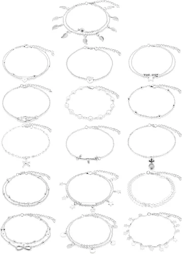 Hicarer Juego de 16 pulseras de tobillo para mujeres y niñas, juego de tobilleras plateadas y doradas para niñas, tobilleras de playa bohemias,