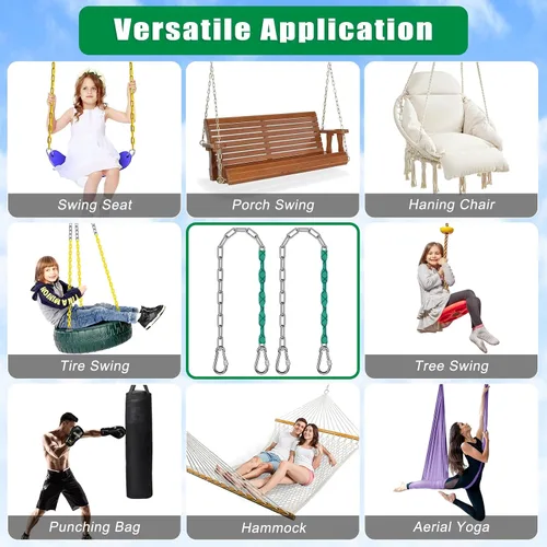 Miniatura 7 de SELEWARE 2 cadenas de columpio resistentes de 85 pulgadas, cadenas colgantes de acero inoxidable de capacidad de 1000 libras con 4 mosquetones, kit