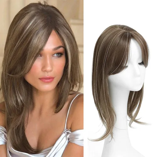 Miniatura 9 de UDU Hair Toppers para mujer: Fibra sintética, marrón ceniza, multicapa, largo y lacio, ondulado, con clip en pelucas con flequillo Marrón