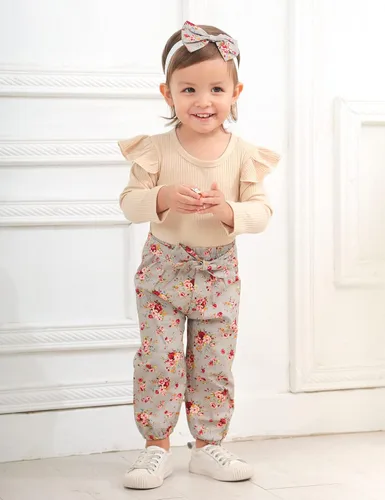Miniatura 2 de KANGKANG Ropa de bebé recién nacida, mameluco acanalado con mangas con volantes + pantalones florales + diadema lindo traje de bebé niña 3 piezas