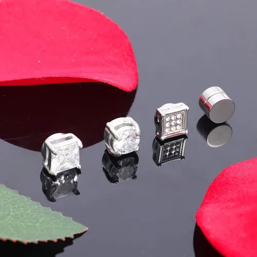 Miniatura 7 de Jstyle Juego de 4 pares de aretes magnéticos de acero inoxidable para hombres y mujeres tono plateado circonia cúbica sin piercing 0236-0315in
