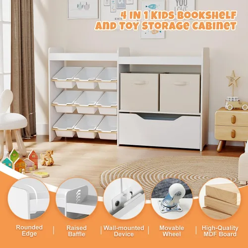 Miniatura 5 de COSVALVE Organizador de almacenamiento de juguetes para niños, organizadores de juguetes de 4 niveles con 2 cubos abiertos, 9 cajas y 2 contenedores