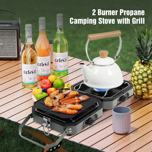 Miniatura 2 de Dollate Estufa de camping de 2 quemadores con bolsa de transporte, estufa de propano portátil de 16000 BTU para camping, estufa de camping plegable