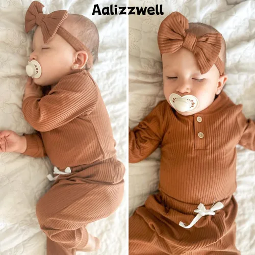Miniatura 3 de Aalizzwell Traje acanalado de manga larga neutral para bebé con sombrero y diadema