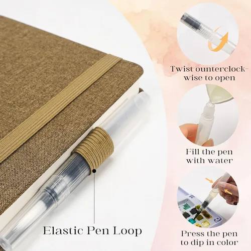 Miniatura 6 de Cuaderno de bocetos de acuarela, 5.5" x 5.5" Libros de bocetos Artista Cuaderno de papel de acuarela de algodón, cubierta de lino con bolígrafo