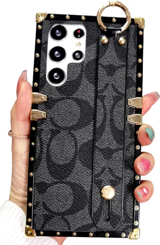 Miniatura 26 de Funda Rectangular de Cuero de Lujo para Teléfono Diseñada para Samsung Galaxy S23 Ultra Funda Linda con Correa de Muñeca Anti Caídas Protectora