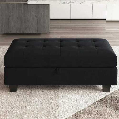 Miniatura 3 de Belffin Banco otomano rectangular de gran tamaño con almacenamiento, reposapiés tapizado de terciopelo para sala de estar y dormitorio (negro)