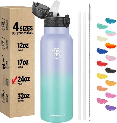 Miniatura 48 de Han's Bottle - Botella de agua para niños con tapa con pajilla - Vaso reutilizable de acero inoxidable aislado para niñas, niños, taza termo, 17