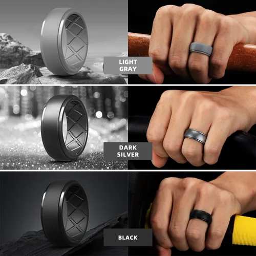 Miniatura 103 de Egnaro - Anillos de silicona para hombre, 25/64 pulgadas (10 mm) de ancho y 3/32 pulgadas (2.5 mm) de grosor, alianzas de boda de goma, paquete