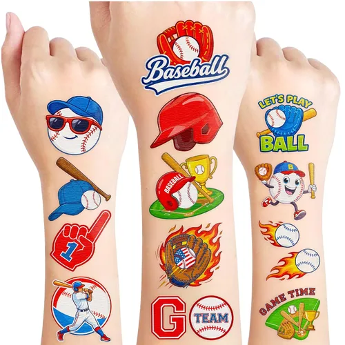 96 calcomanías de tatuajes temporales de béisbol, regalos de fiesta de cumpleaños de béisbol, decoración de fiesta de cumpleaños temática deportiva,