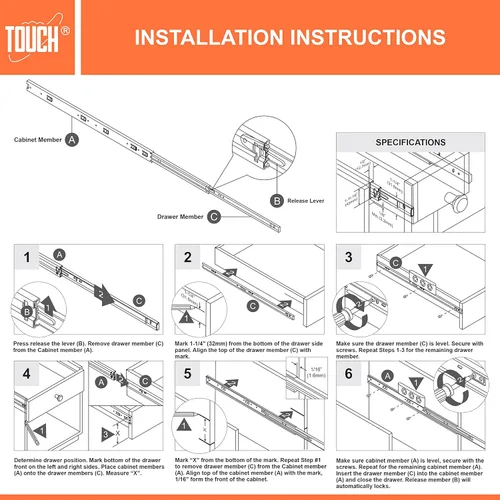 Miniatura 7 de TOUCH Diapositivas para cajones (6 pares, 12 pulgadas, 11.811 in) de extensión completa, rodamiento de bolas de montaje lateral, 3 pliegues, rieles