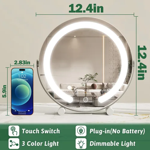 Miniatura 3 de ROLOVE Espejo de tocador con luces, espejo de maquillaje iluminado de 12 pulgadas, espejo de maquillaje LED con luces para mesa de dormitorio