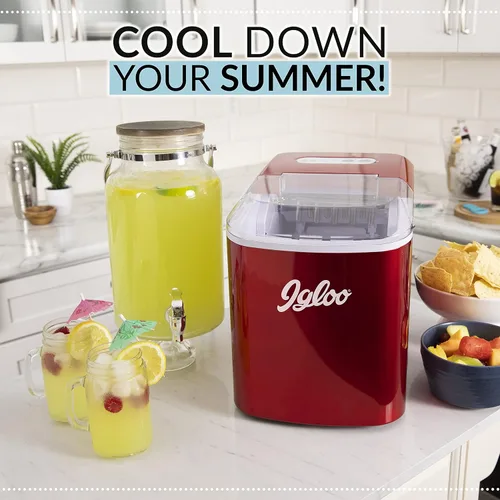 Miniatura 5 de Igloo, máquina para hacer hielo automática eléctrica de sobremesa de 26 libras - 9 cubos en 7 minutos, con cuchara y cesta Rojo