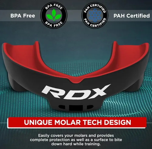 Miniatura 2 de RDX Protector Bucal para Boxeo MMA Kickboxing Muay Thai Judo Karate - Protector de Mandíbula con Funda de Almacenamiento para Adultos, Artes Rojo