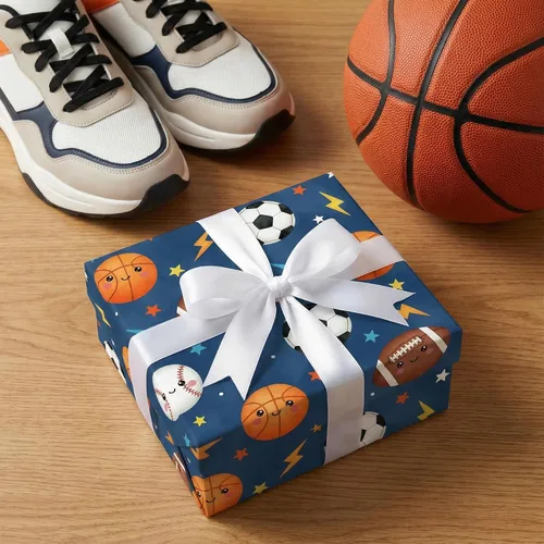 Miniatura 7 de SaringSwoon Papel de regalo para baby shower para niños y niños, papel de regalo de pelota deportiva azul con diseño de baloncesto, fútbol, béisbol
