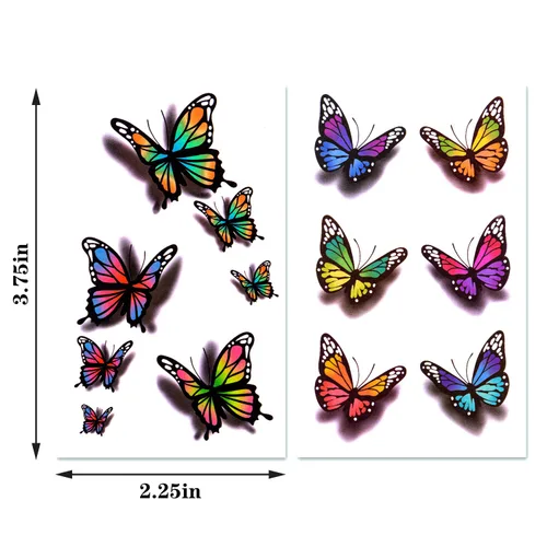 Miniatura 5 de Calcomanías temporales 3D de mariposas y flores, tatuajes coloridos para mujeres, 126 unidades, 30 hojas