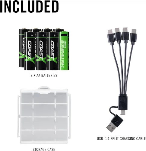 Miniatura 8 de Coast Baterías recargables AA USB-C, ZITHION-X, iones de litio de 1.5 V 2400 mAh, larga duración, se carga menos de 2.5 horas, cable de carga