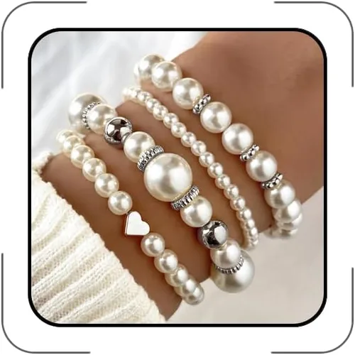 Miniatura 7 de Pulseras de perlas para mujer, pulsera de perlas de imitación con cuentas de perlas blancas, juego de pulseras elásticas apilables, pulseras