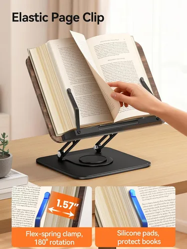 Miniatura 6 de Tounee Soporte para libros, soporte giratorio de 360°, soporte ajustable para libros de cocina para leer manos libres, soporte plegable para libros