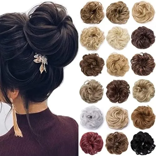 Miniatura 45 de Benehair Moño desordenado, pieza de pelo recogido para mujer, esponjoso, ondulado, moño con dona, moño sintético con banda elástica de goma