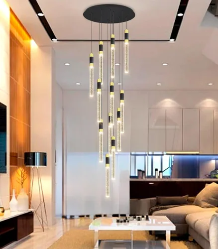 Miniatura 8 de Lámpara de araña moderna de 118 pulgadas con 12 luces para sala de estar, luminaria LED regulable para entrada, luz de techo alto, iluminación