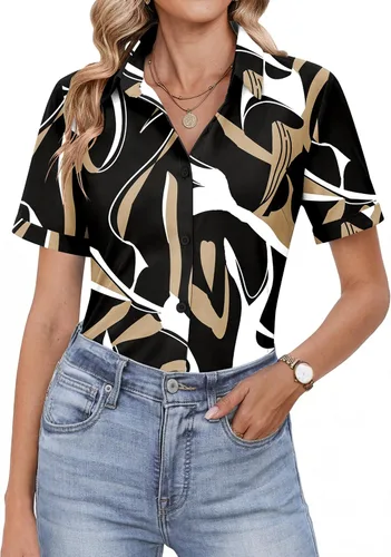 Miniatura 7 de HOTOUCH Camisas con botones para mujer, camisas de vestir de manga corta, blusas casuales de negocios, blusa de trabajo de oficina