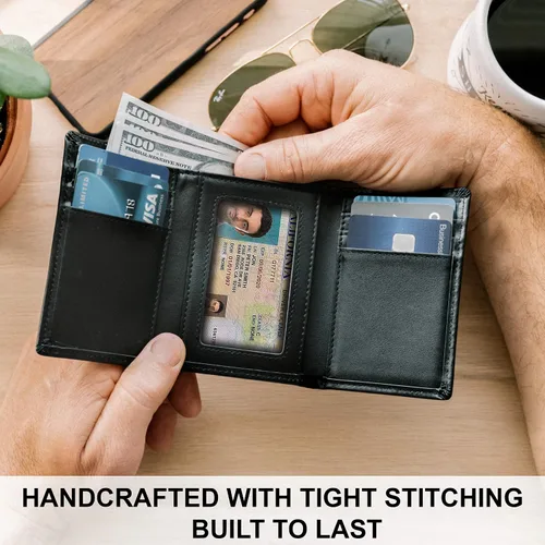 Miniatura 6 de STAY FINE Billetera triple de cuero de grano superior para hombre, costuras ultra fuertes, cuero argentino hecho a mano, bloqueo RFID, billetera