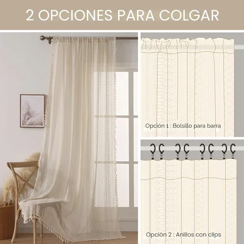 Miniatura 10 de WAZZIO Cortinas de Encaje, Cortina Boho de Crochet para Dormitorio, Cortinas de Café de Algodón, 45 Pulgadas de Largo, 2 Paneles con Bolsillo