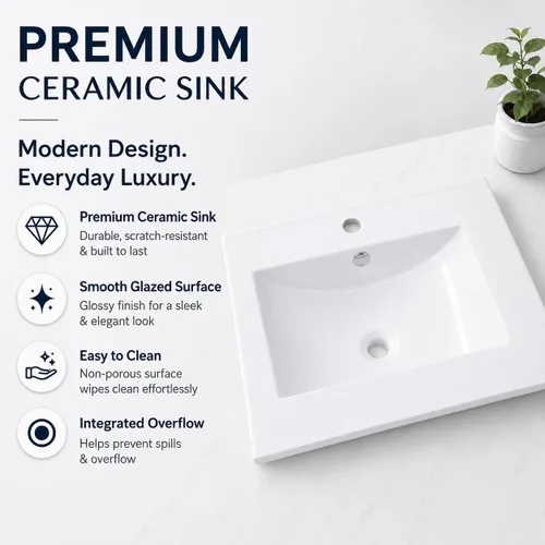 Miniatura 5 de KSWIN Mueble de baño flotante de 24 pulgadas con fregadero, armario de tocador gris montado en la pared con 2 cajones, fregadero de cerámica